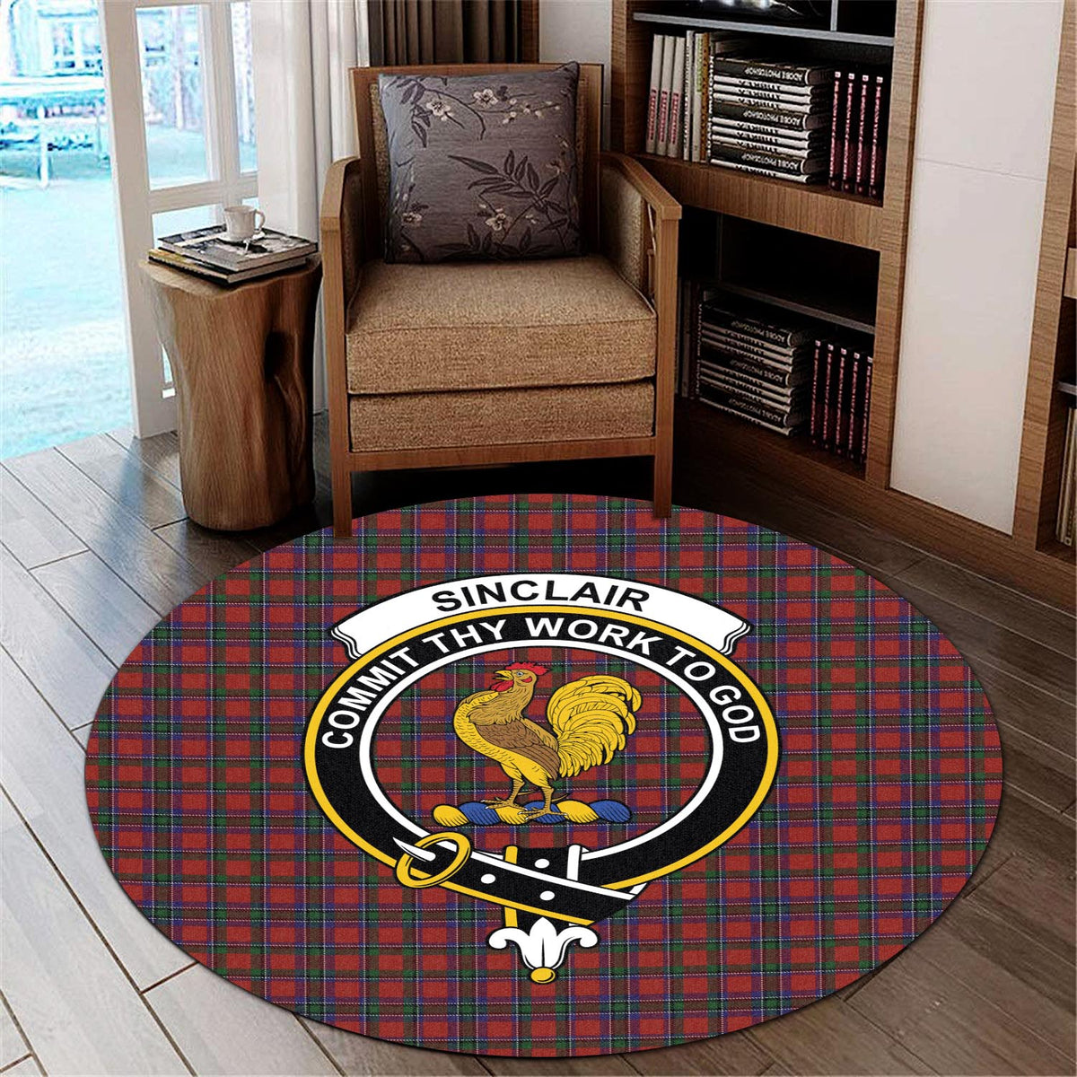 Sinclair Tartan Round Rug with Family Crest - Tartan Vibes Clothing