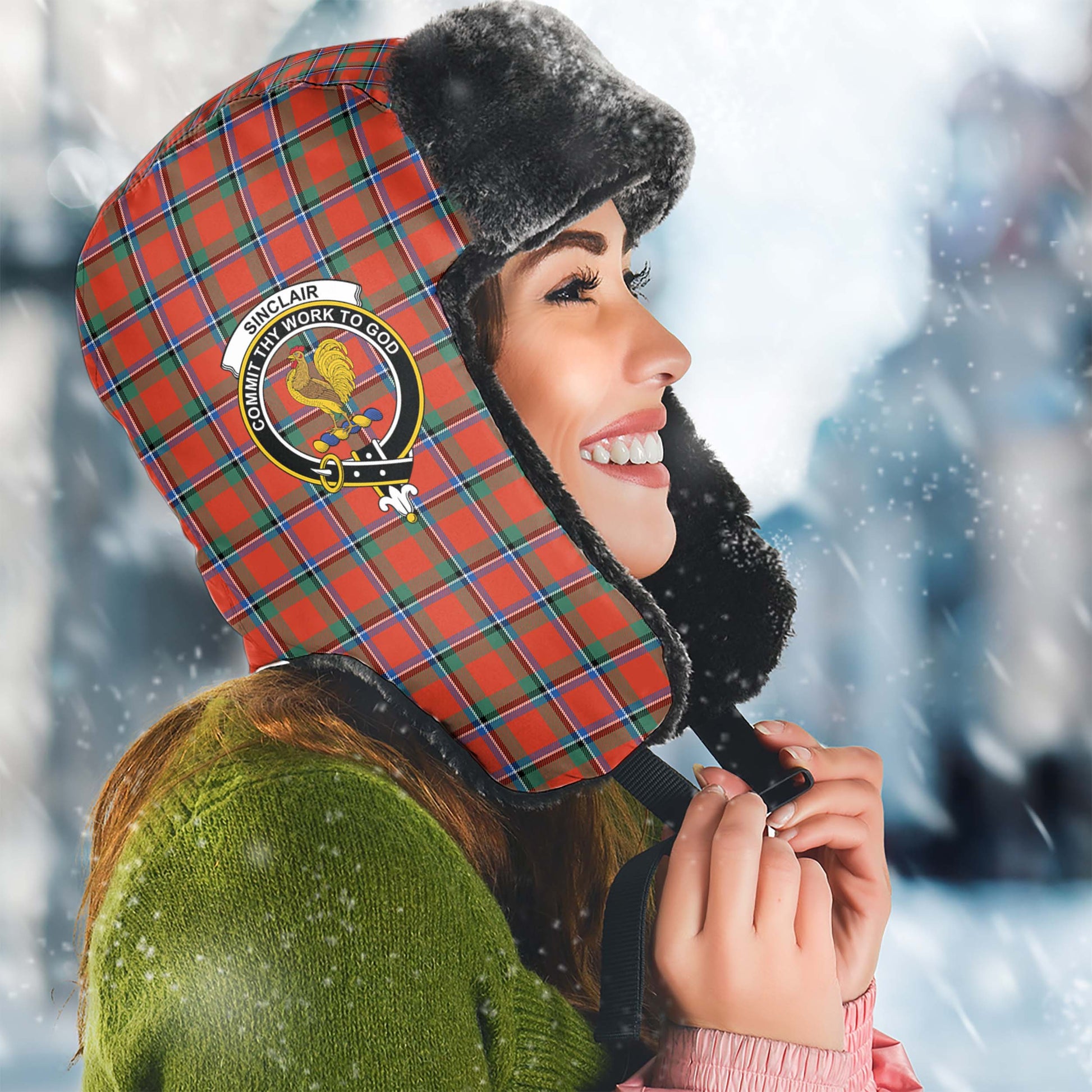 Sinclair Ancient Tartan Winter Trapper Hat with Family Crest Winter Trapper Hat Universal Fit Circumference 22.8in (58cm) - Tartanvibesclothing