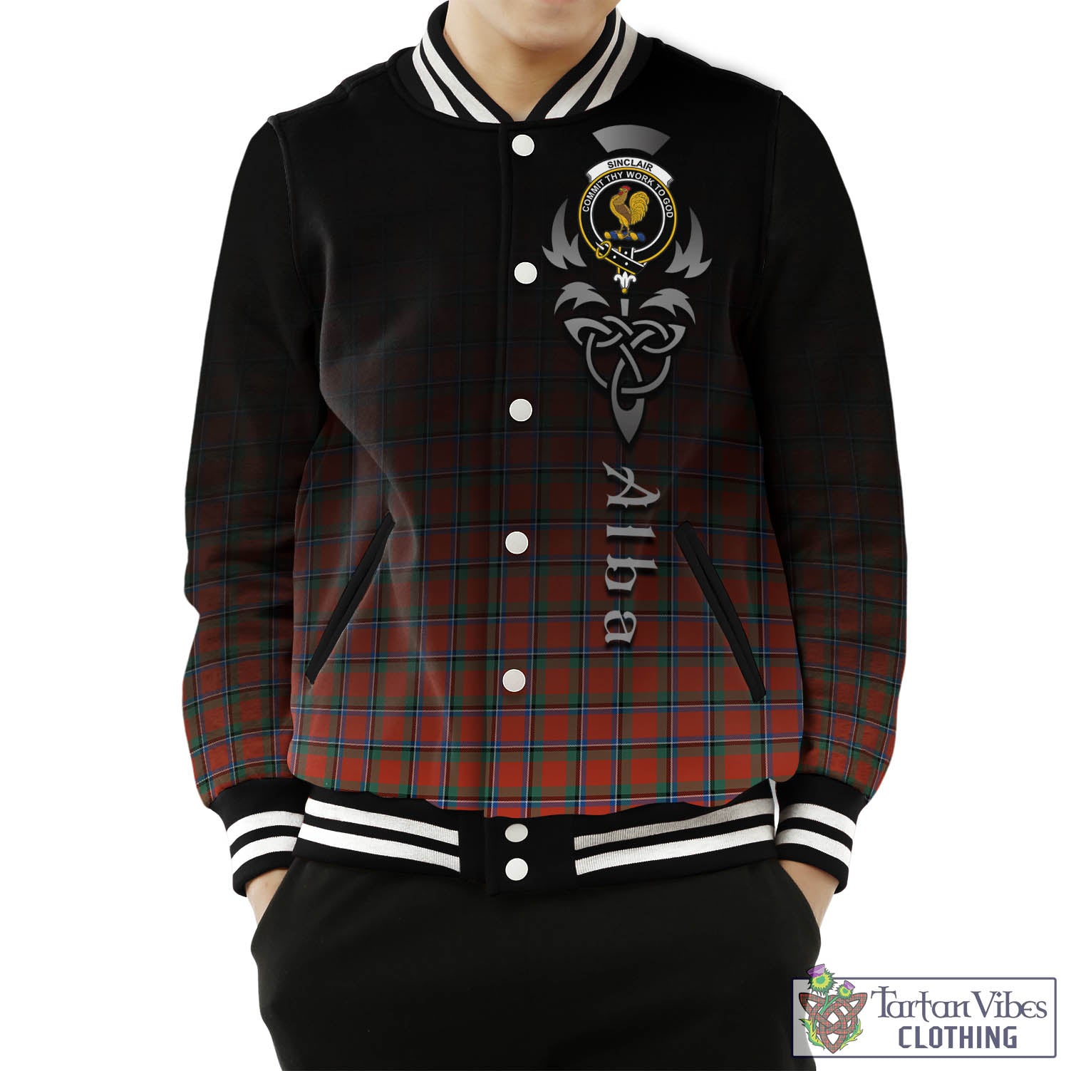 Tartan Vibes Clothing Sinclair Ancient Tartan Baseball Jacket Featuring Alba Gu Brath Family Crest Celtic Inspired