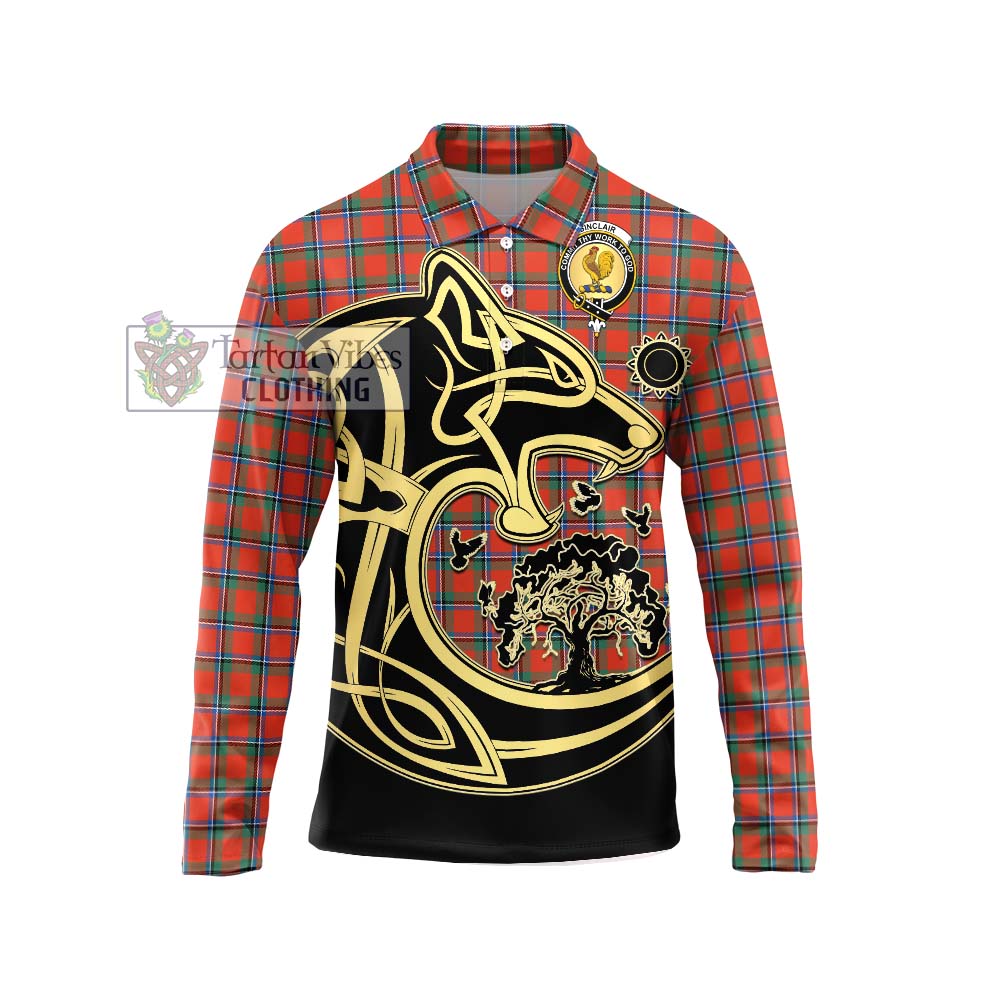 Sinclair Ancient Tartan Long Sleeve Polo Shirt with Family Crest Celtic Wolf Style Unisex - Tartanvibesclothing Shop