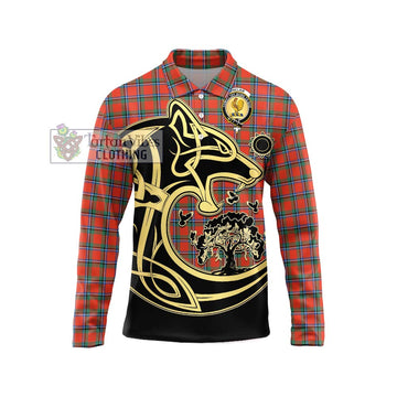 Sinclair Ancient Tartan Long Sleeve Polo Shirt with Family Crest Celtic Wolf Style