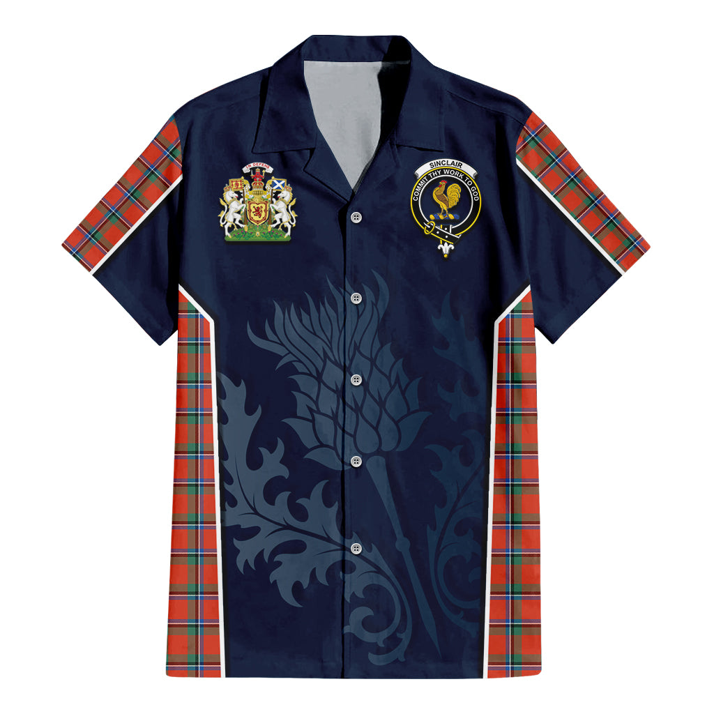 Tartan Vibes Clothing Sinclair Ancient Tartan Short Sleeve Button Up Shirt with Family Crest and Scottish Thistle Vibes Sport Style