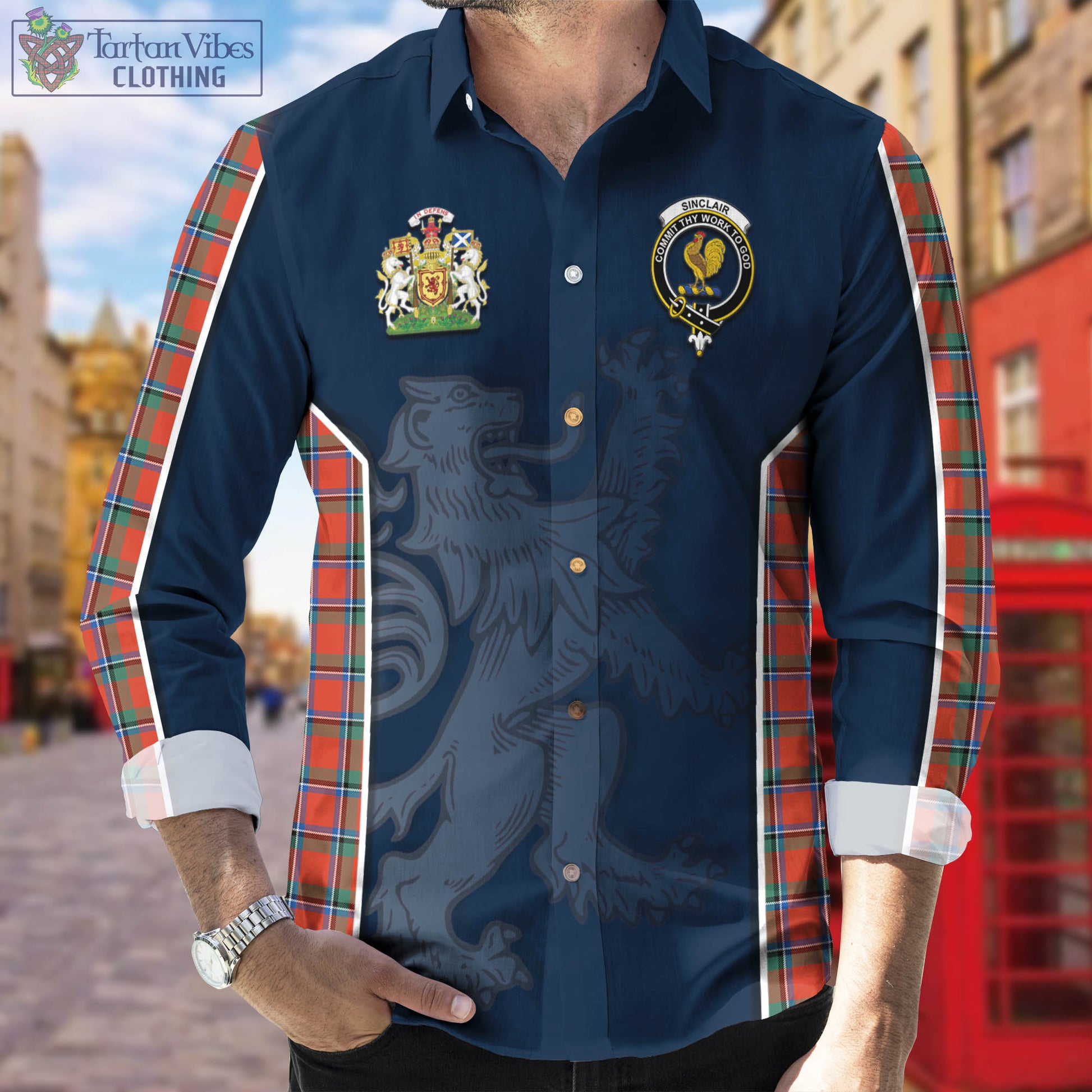 Sinclair Ancient Tartan Long Sleeve Button Up Shirt with Family Crest and Lion Rampant Vibes Sport Style