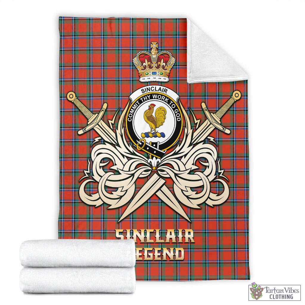 Tartan Vibes Clothing Sinclair Ancient Tartan Blanket with Clan Crest and the Golden Sword of Courageous Legacy
