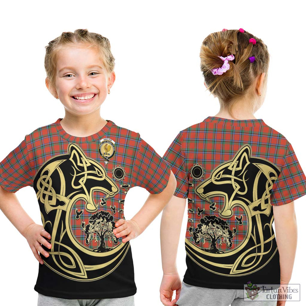 Sinclair Ancient Tartan Kid T-Shirt with Family Crest Celtic Wolf Style - Tartan Vibes Clothing