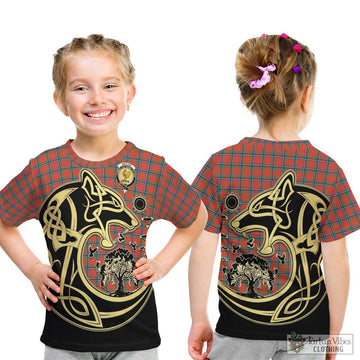 Sinclair Ancient Tartan Kid T-Shirt with Family Crest Celtic Wolf Style