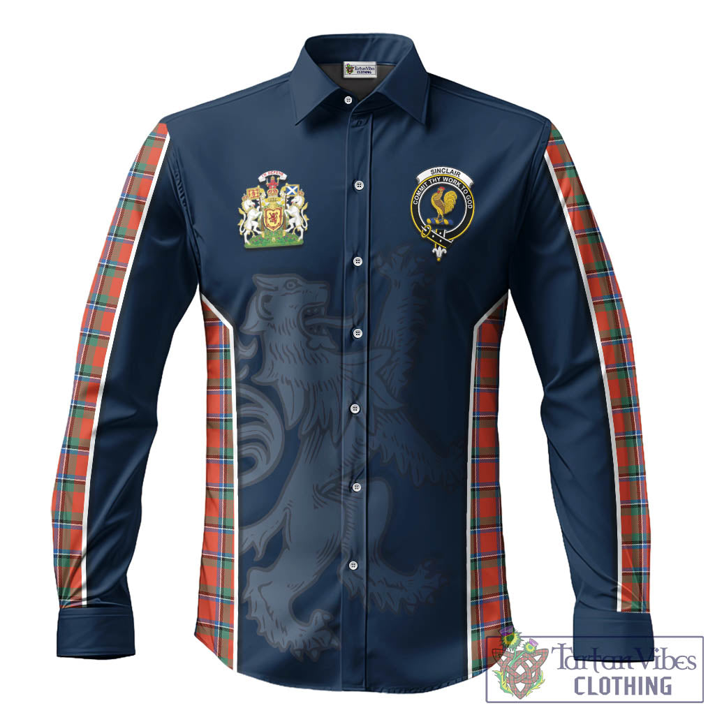 Sinclair Ancient Tartan Long Sleeve Button Up Shirt with Family Crest and Lion Rampant Vibes Sport Style