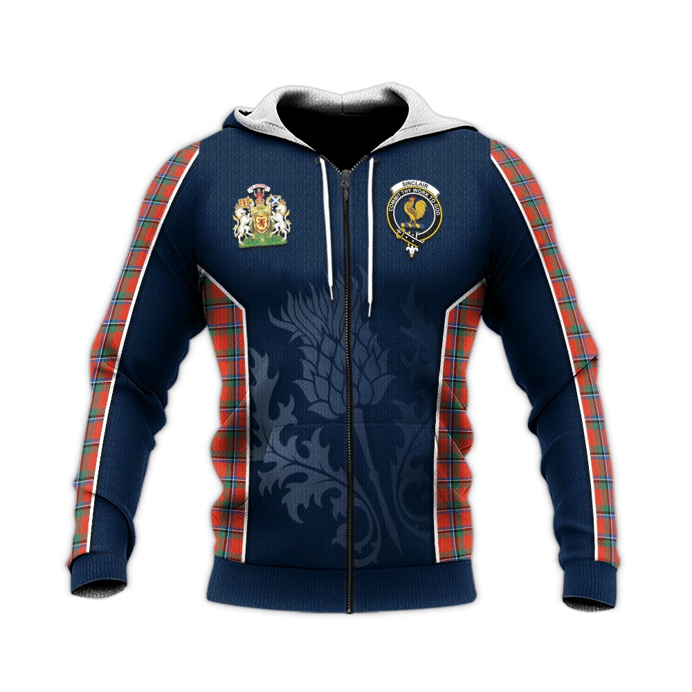 Tartan Vibes Clothing Sinclair Ancient Tartan Knitted Hoodie with Family Crest and Scottish Thistle Vibes Sport Style