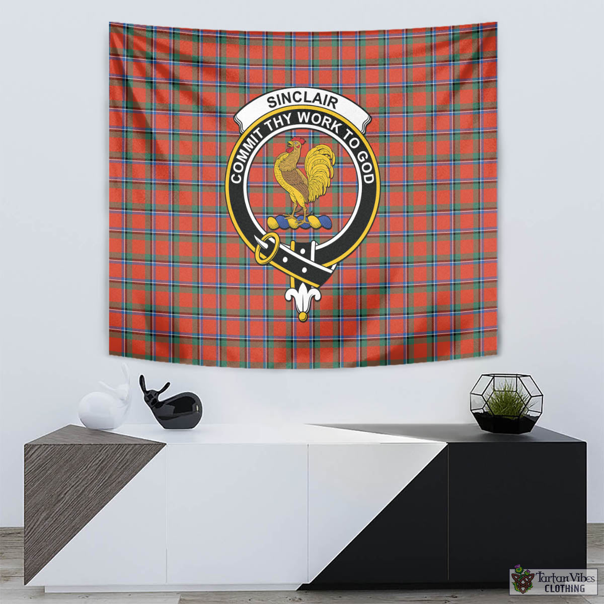 Tartan Vibes Clothing Sinclair Ancient Tartan Tapestry Wall Hanging and Home Decor for Room with Family Crest