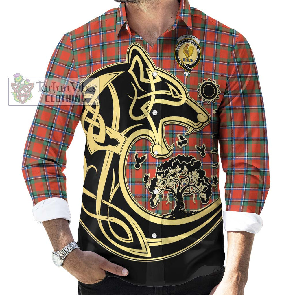 Sinclair Ancient Tartan Long Sleeve Button Shirt with Family Crest Celtic Wolf Style - Tartan Vibes Clothing