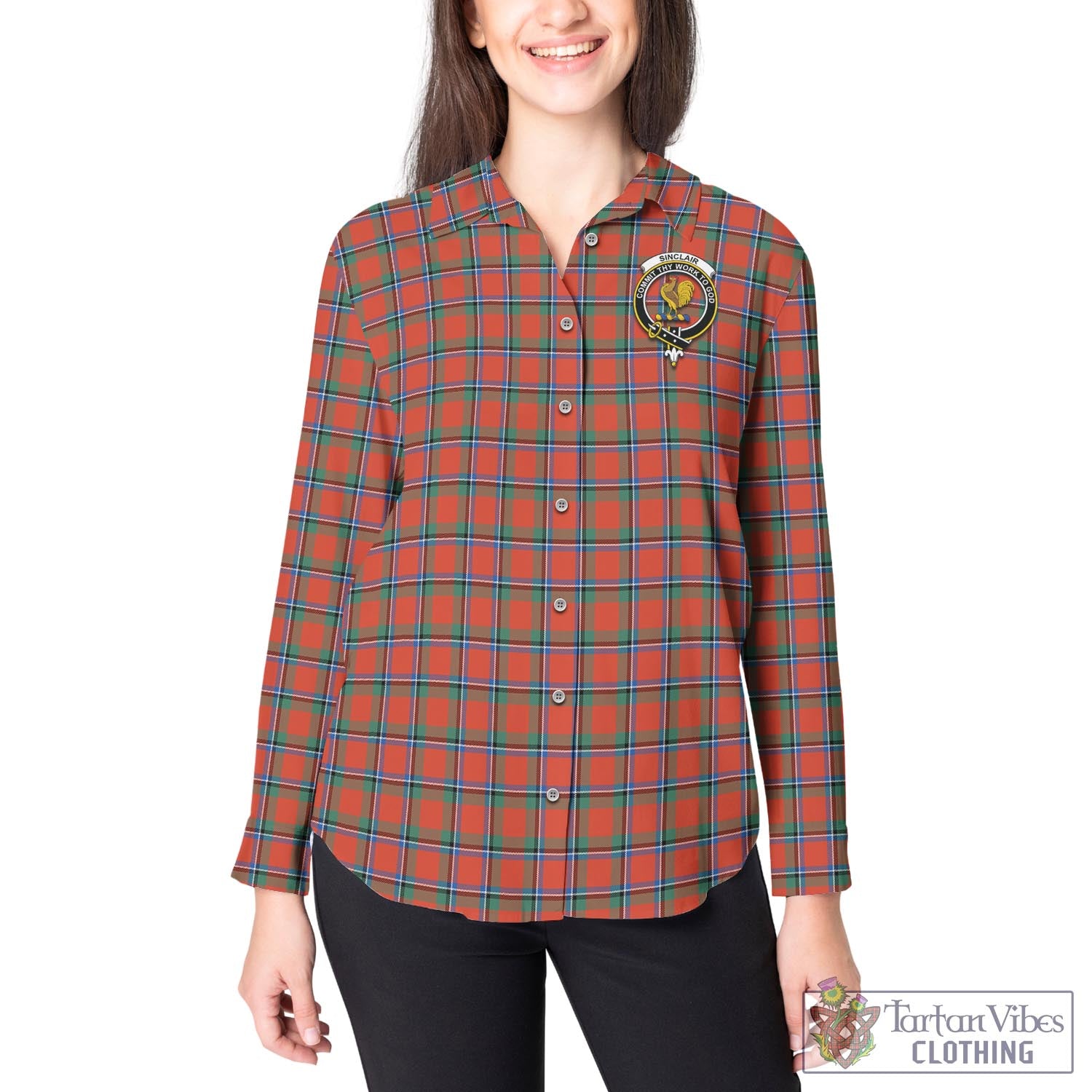 Tartan Vibes Clothing Sinclair Ancient Tartan Womens Casual Shirt with Family Crest