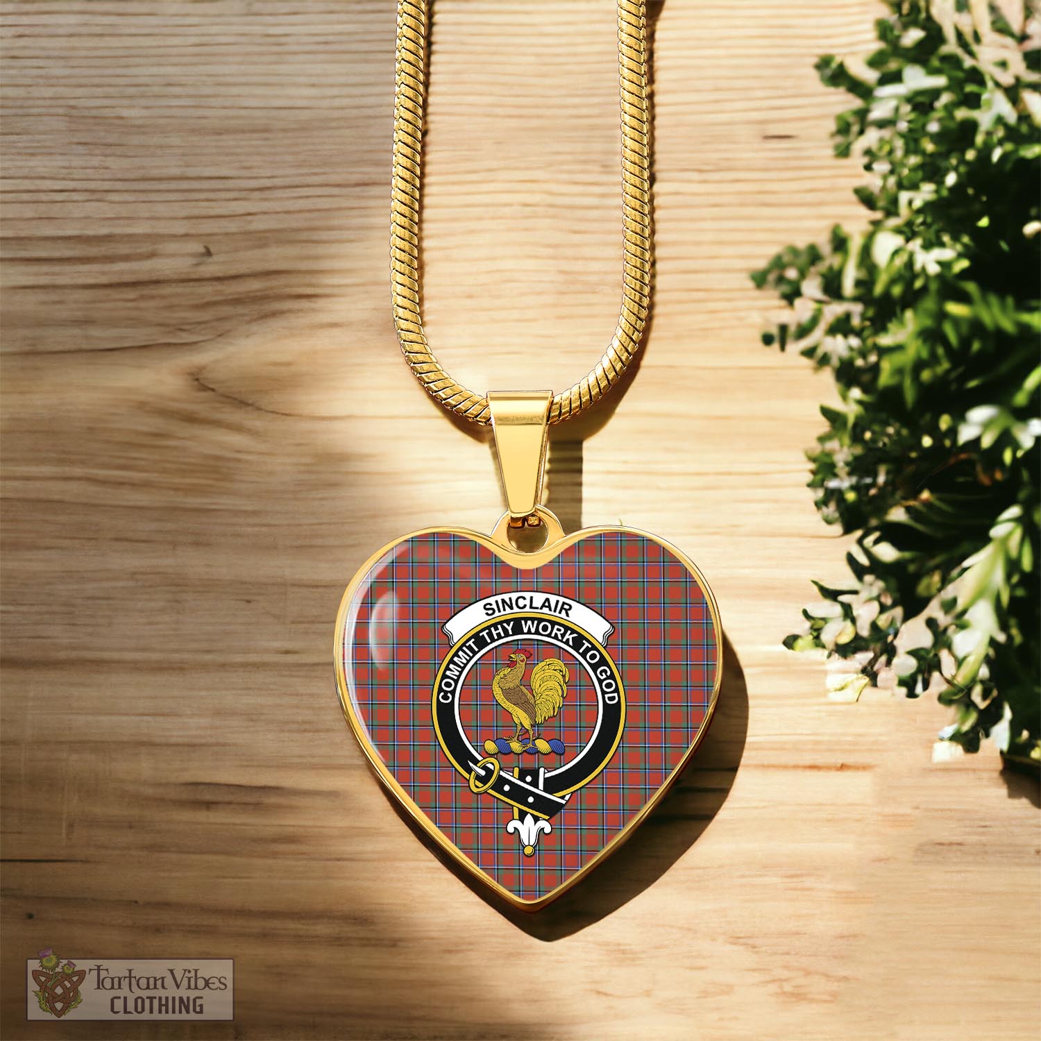 Tartan Vibes Clothing Sinclair Ancient Tartan Heart Necklace with Family Crest