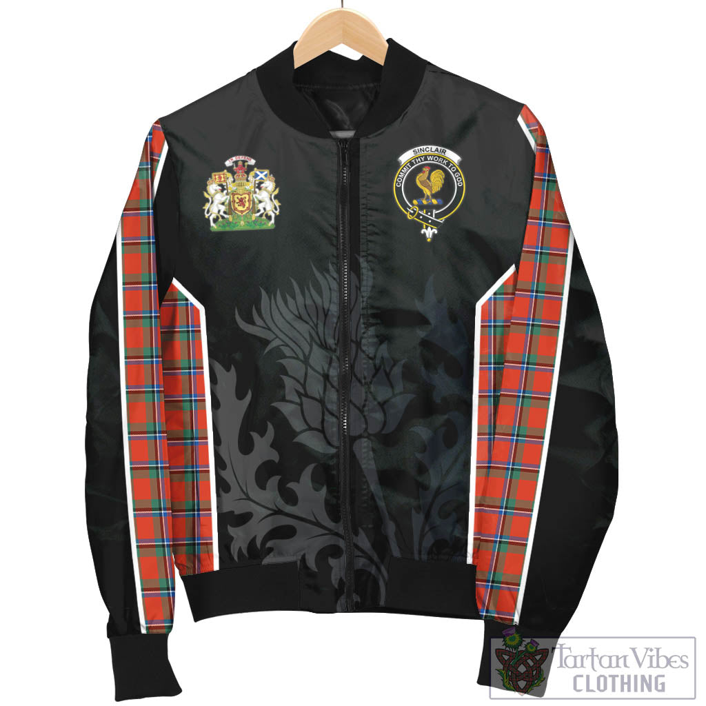 Tartan Vibes Clothing Sinclair Ancient Tartan Bomber Jacket with Family Crest and Scottish Thistle Vibes Sport Style