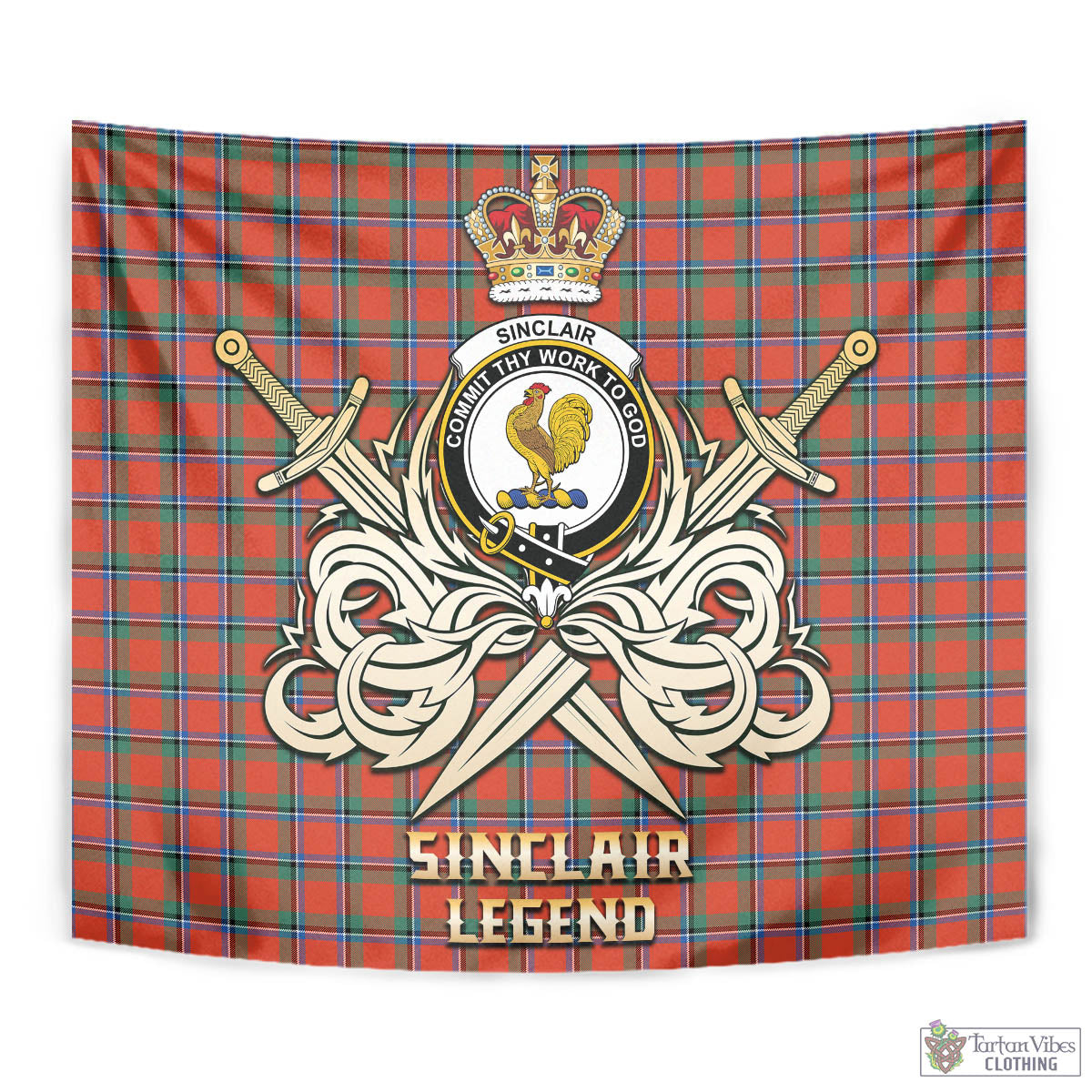 Tartan Vibes Clothing Sinclair Ancient Tartan Tapestry with Clan Crest and the Golden Sword of Courageous Legacy