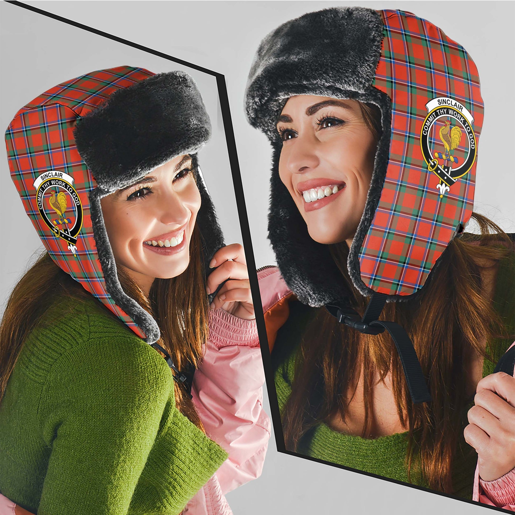 Sinclair Ancient Tartan Winter Trapper Hat with Family Crest - Tartanvibesclothing