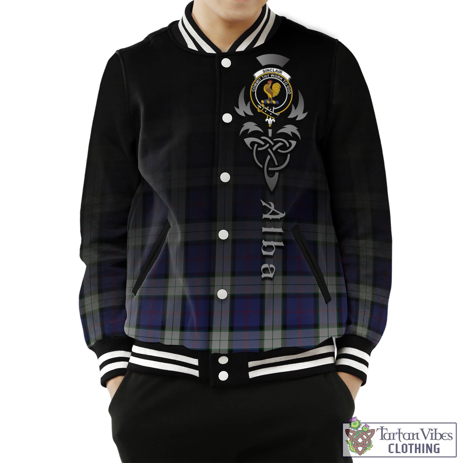 Tartan Vibes Clothing Sinclair Dress Tartan Baseball Jacket Featuring Alba Gu Brath Family Crest Celtic Inspired