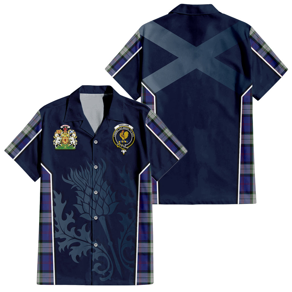 Tartan Vibes Clothing Sinclair Dress Tartan Short Sleeve Button Up Shirt with Family Crest and Scottish Thistle Vibes Sport Style