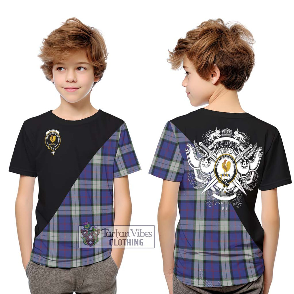 Sinclair Dress Tartan Kid T-Shirt with Family Crest and Military Logo Style Youth XL Size14 - Tartanvibesclothing Shop