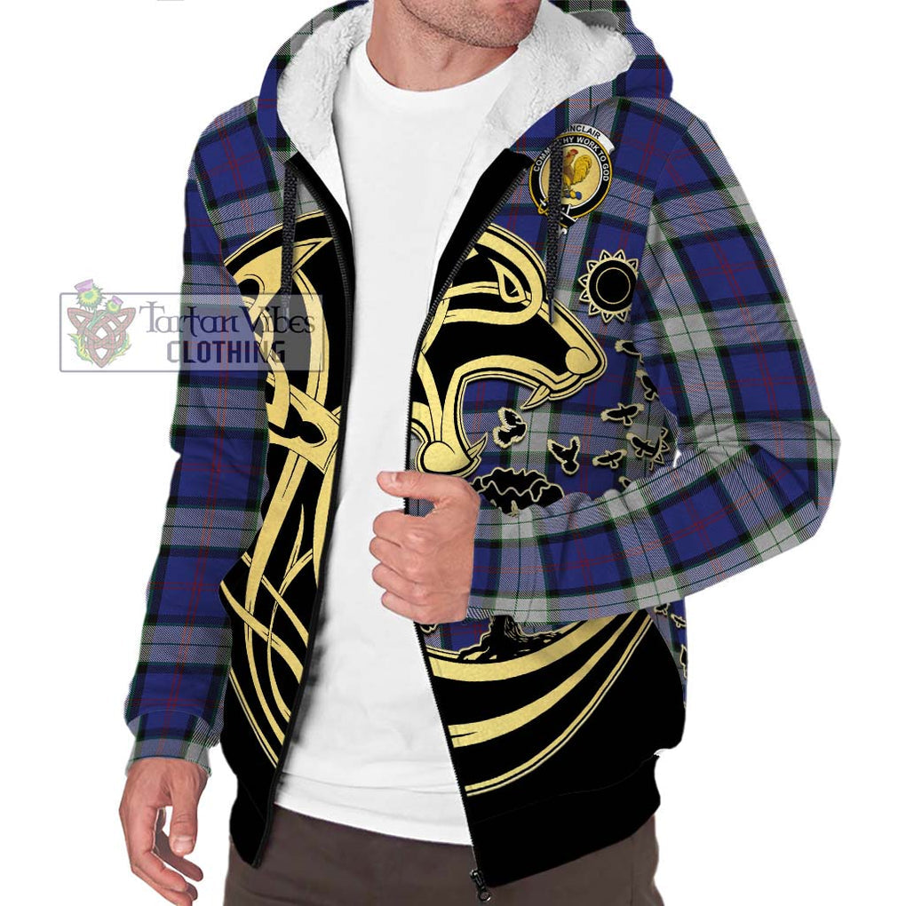 Sinclair Dress Tartan Sherpa Hoodie with Family Crest Celtic Wolf Style Unisex S - Tartan Vibes Clothing