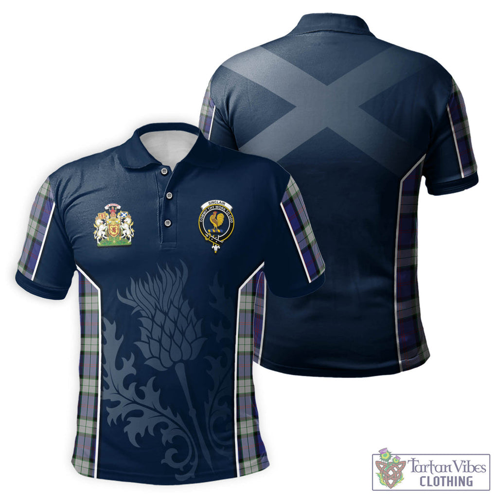 Tartan Vibes Clothing Sinclair Dress Tartan Men's Polo Shirt with Family Crest and Scottish Thistle Vibes Sport Style