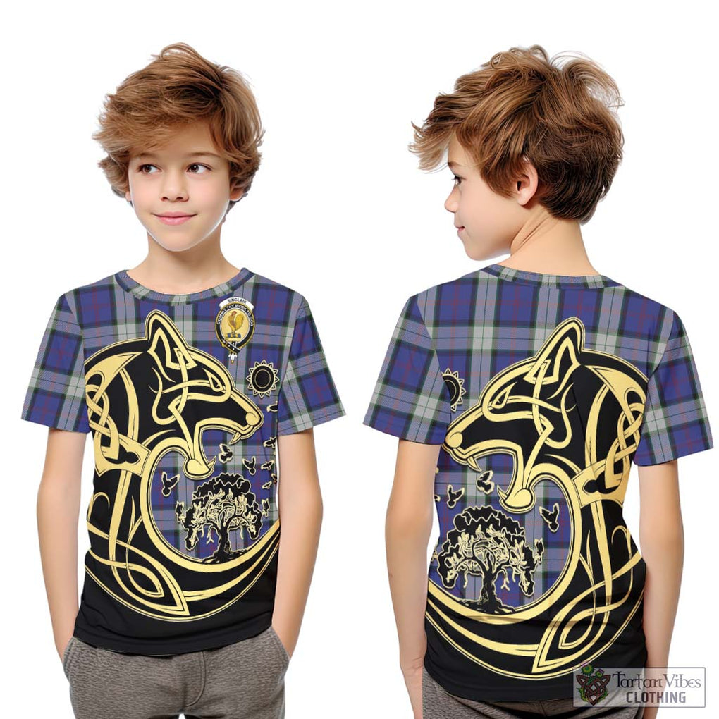 Sinclair Dress Tartan Kid T-Shirt with Family Crest Celtic Wolf Style Youth XL Size14 - Tartan Vibes Clothing