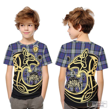 Sinclair Dress Tartan Kid T-Shirt with Family Crest Celtic Wolf Style