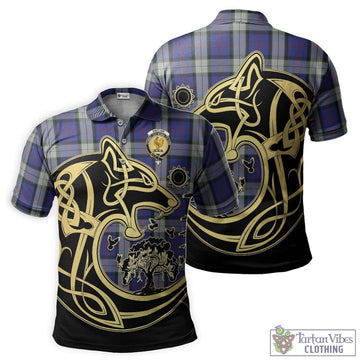 Sinclair Dress Tartan Polo Shirt with Family Crest Celtic Wolf Style