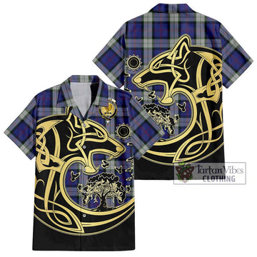 Sinclair Dress Tartan Short Sleeve Button Shirt with Family Crest Celtic Wolf Style