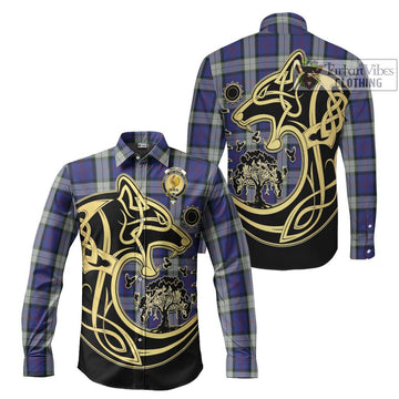 Sinclair Dress Tartan Long Sleeve Button Shirt with Family Crest Celtic Wolf Style