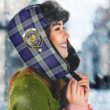 Sinclair Dress Tartan Winter Trapper Hat with Family Crest