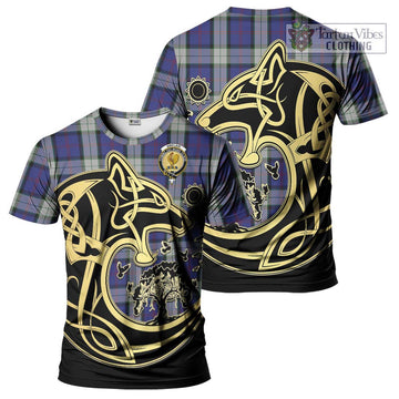 Sinclair Dress Tartan T-Shirt with Family Crest Celtic Wolf Style