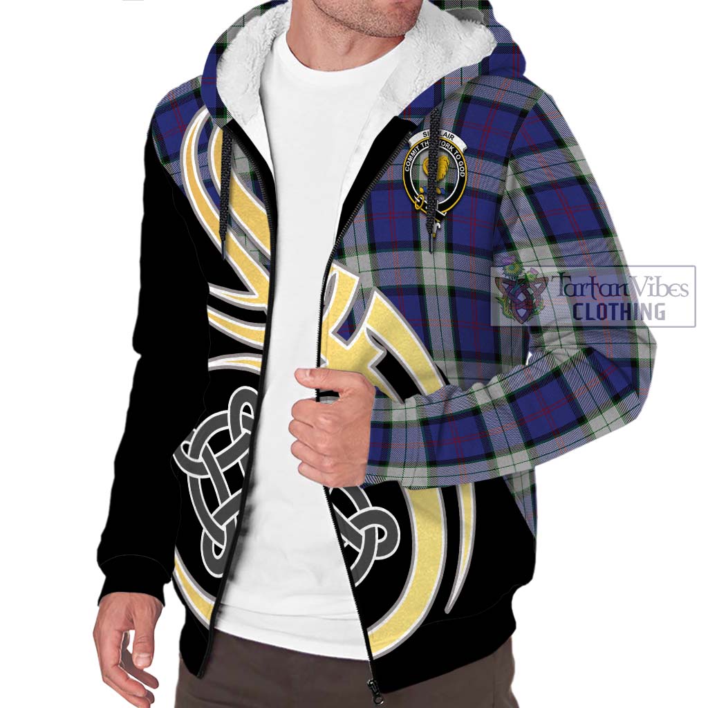 Sinclair Dress Tartan Sherpa Hoodie with Family Crest and Celtic Symbol Style - Tartan Vibes Clothing