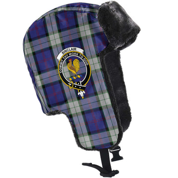 Sinclair Dress Tartan Winter Trapper Hat with Family Crest