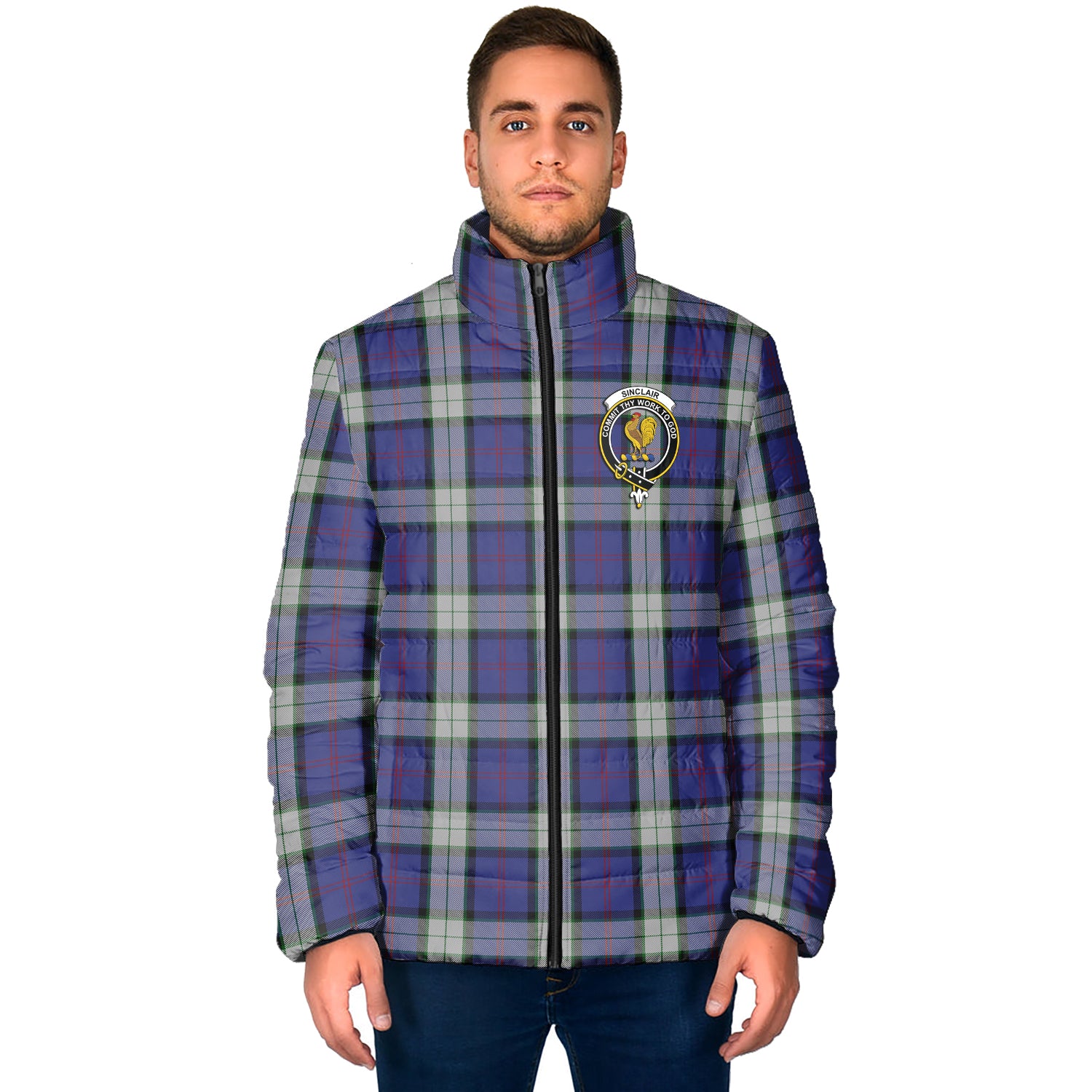 Sinclair Dress Tartan Padded Jacket with Family Crest - Tartan Vibes Clothing