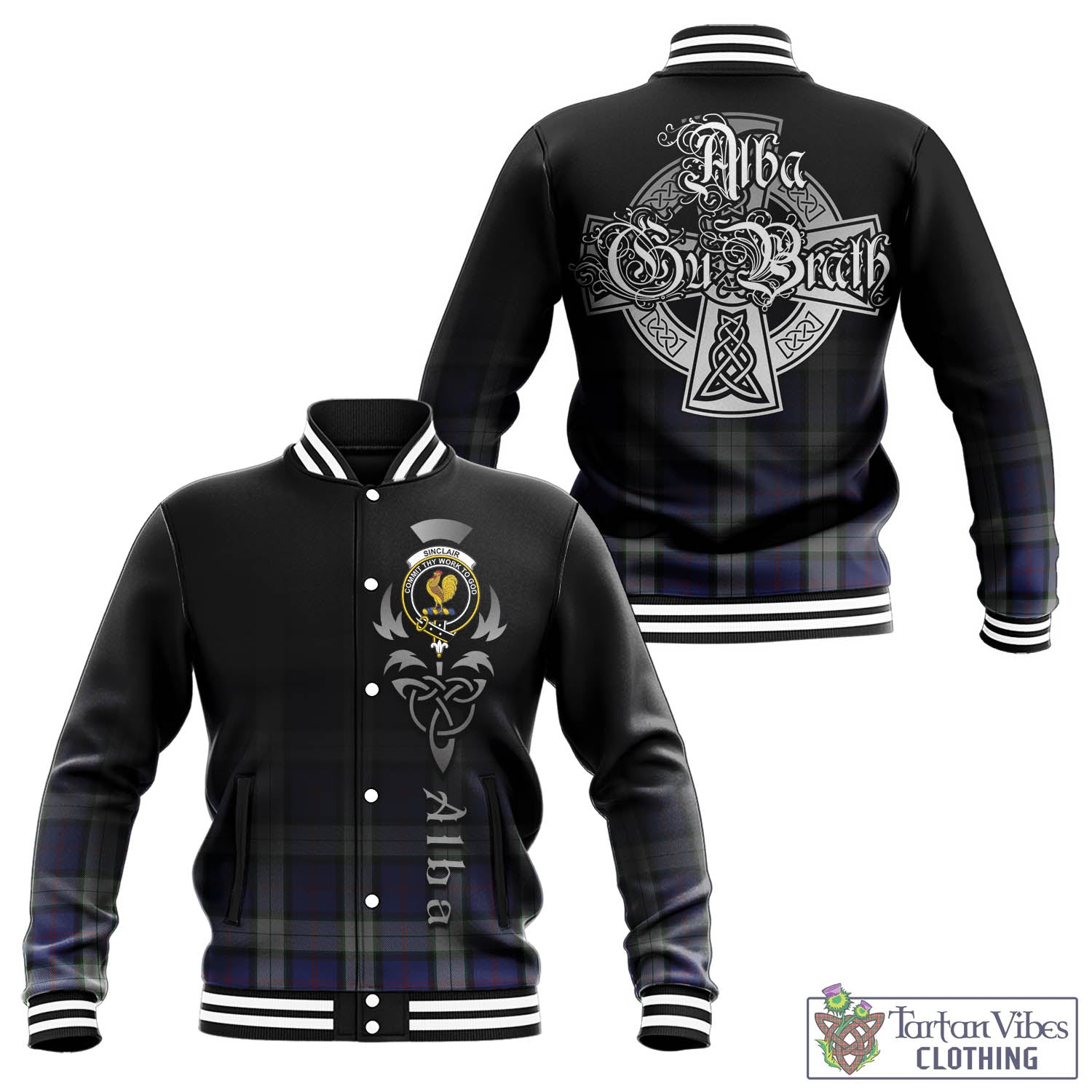 Tartan Vibes Clothing Sinclair Dress Tartan Baseball Jacket Featuring Alba Gu Brath Family Crest Celtic Inspired