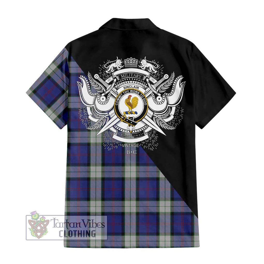 Sinclair Dress Tartan Short Sleeve Button Shirt with Family Crest and Military Logo Style - Tartanvibesclothing Shop