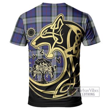 Sinclair Dress Tartan T-Shirt with Family Crest Celtic Wolf Style