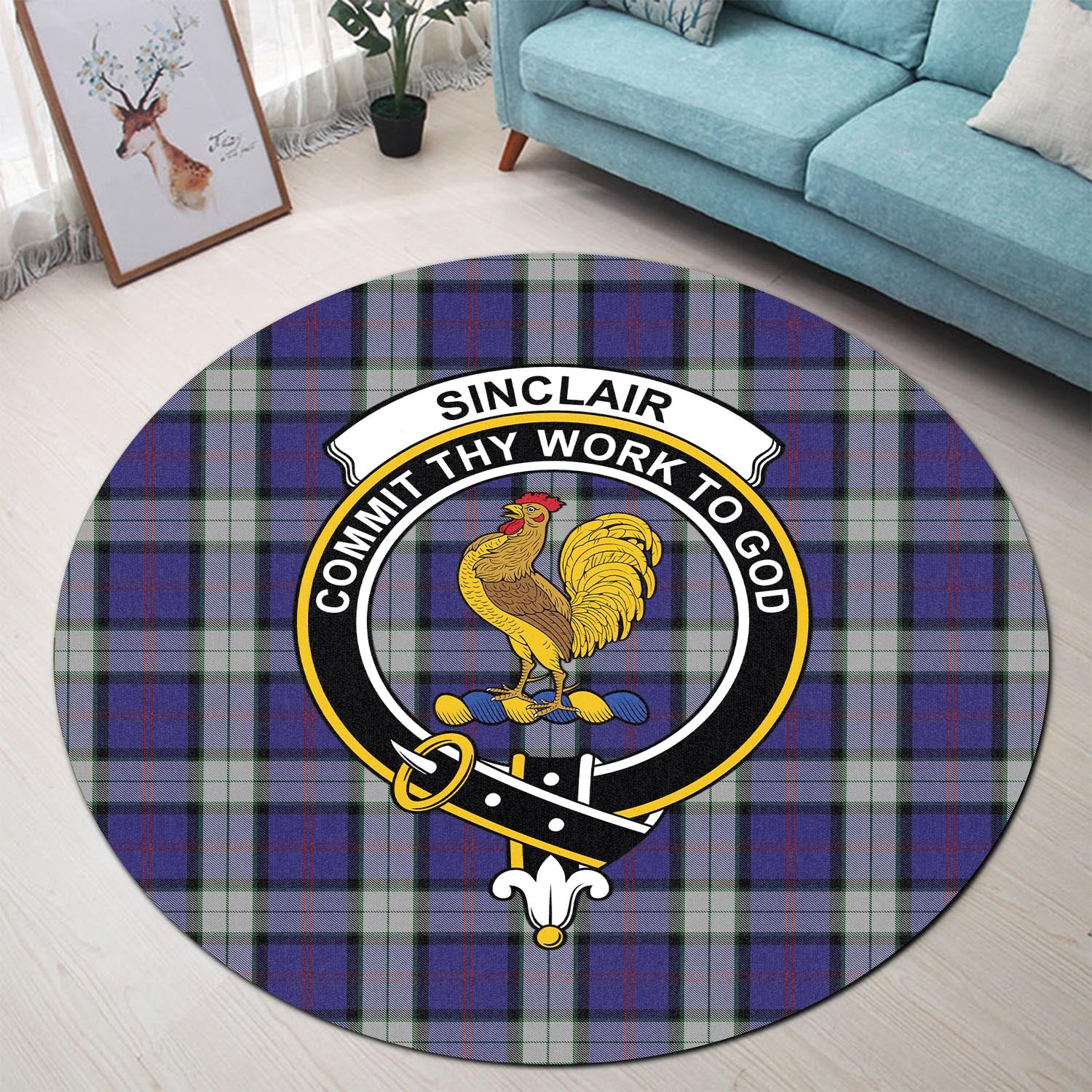 sinclair-dress-tartan-round-rug-with-family-crest