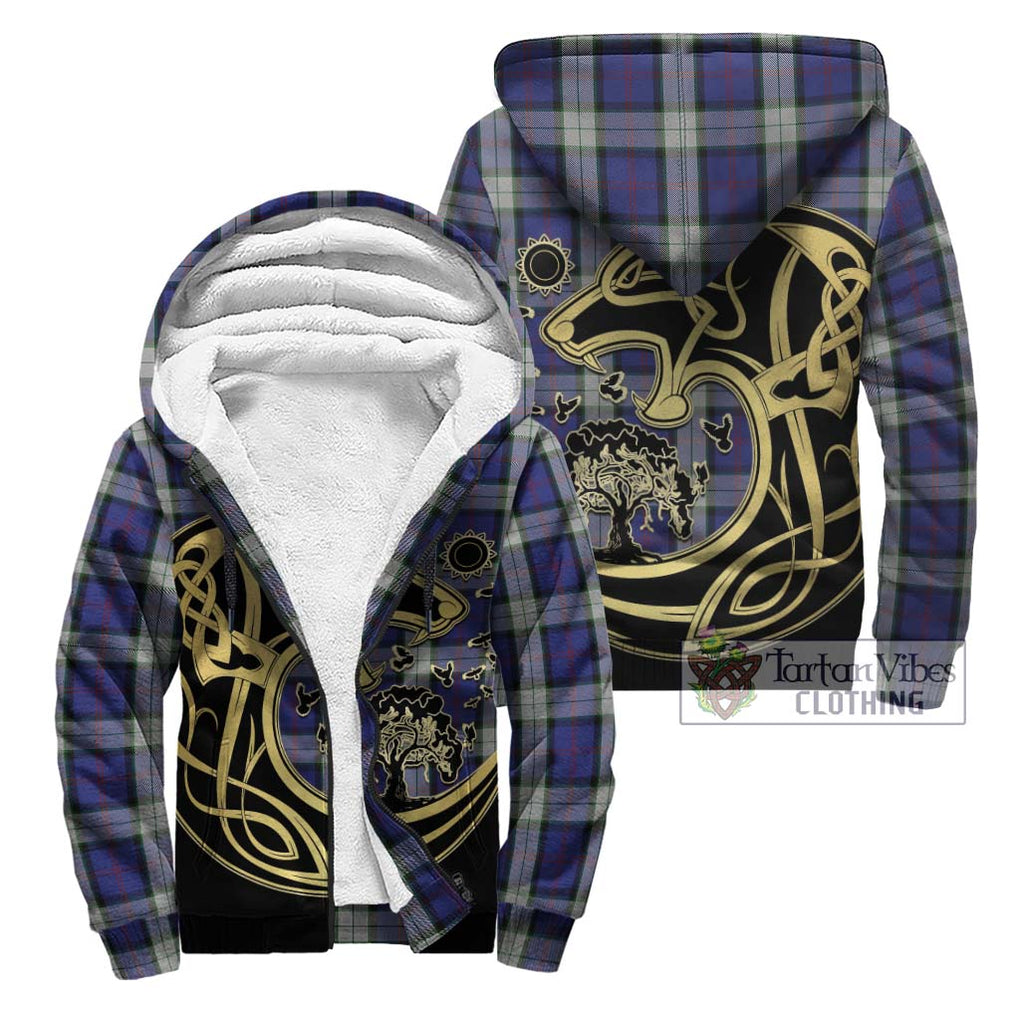 Sinclair Dress Tartan Sherpa Hoodie with Family Crest Celtic Wolf Style Unisex - Tartan Vibes Clothing