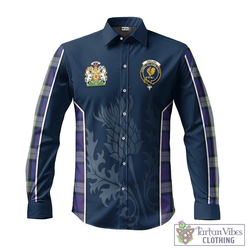 Tartan Vibes Clothing Sinclair Dress Tartan Long Sleeve Button Up Shirt with Family Crest and Scottish Thistle Vibes Sport Style