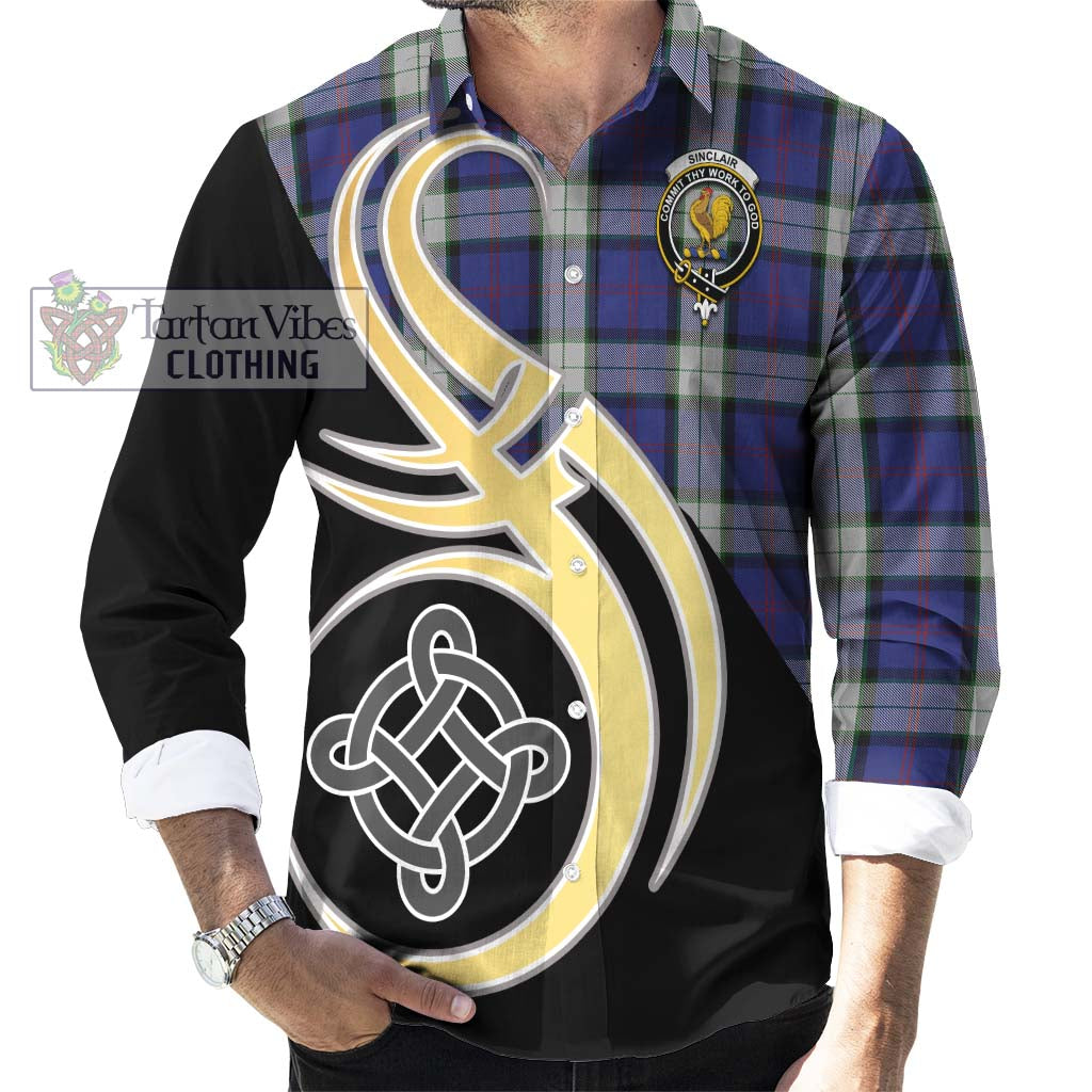 Sinclair Dress Tartan Long Sleeve Button Shirt with Family Crest and Celtic Symbol Style - Tartan Vibes Clothing