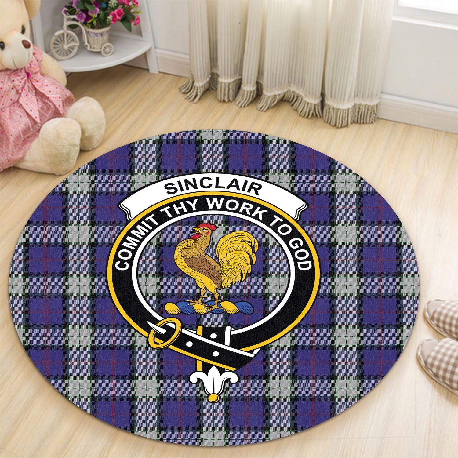 sinclair-dress-tartan-round-rug-with-family-crest