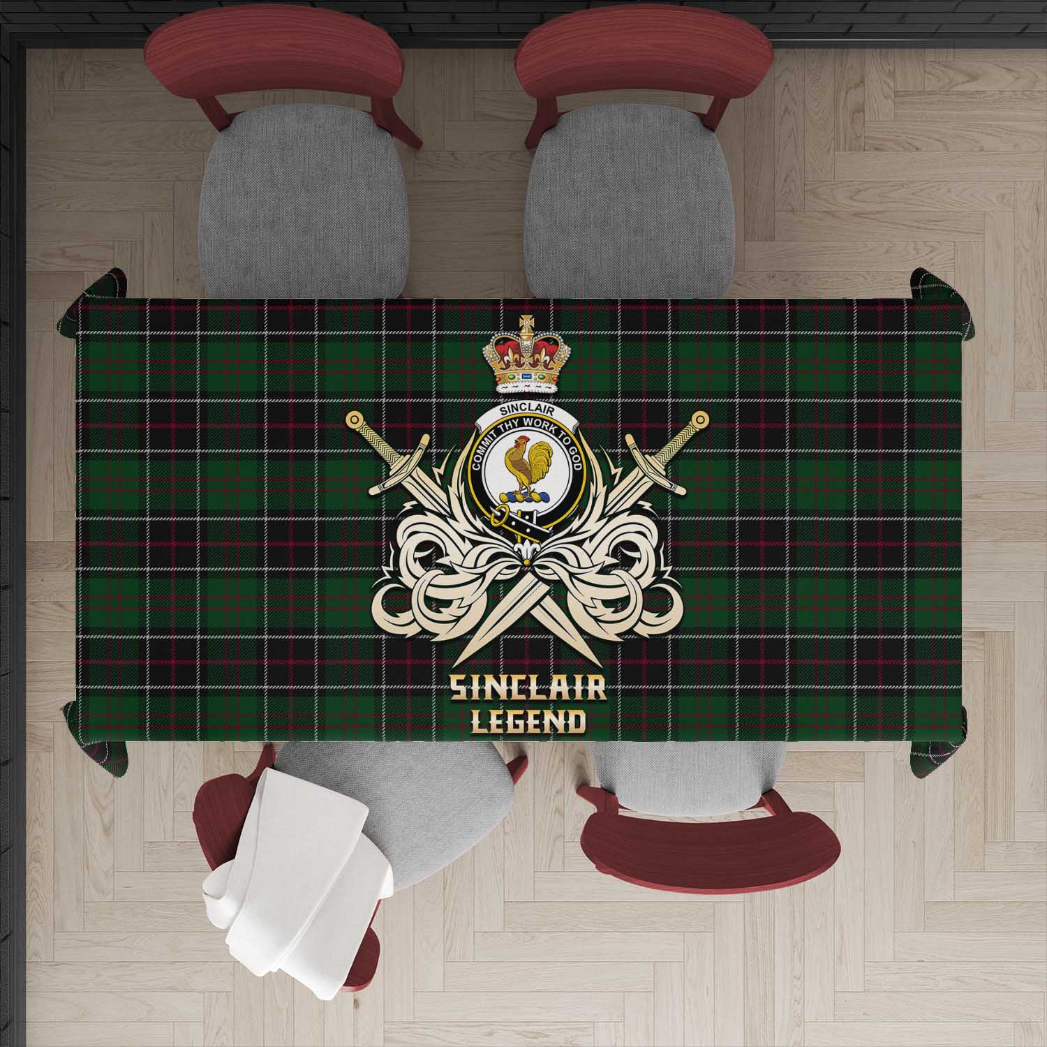 Tartan Vibes Clothing Sinclair Hunting Tartan Tablecloth with Clan Crest and the Golden Sword of Courageous Legacy