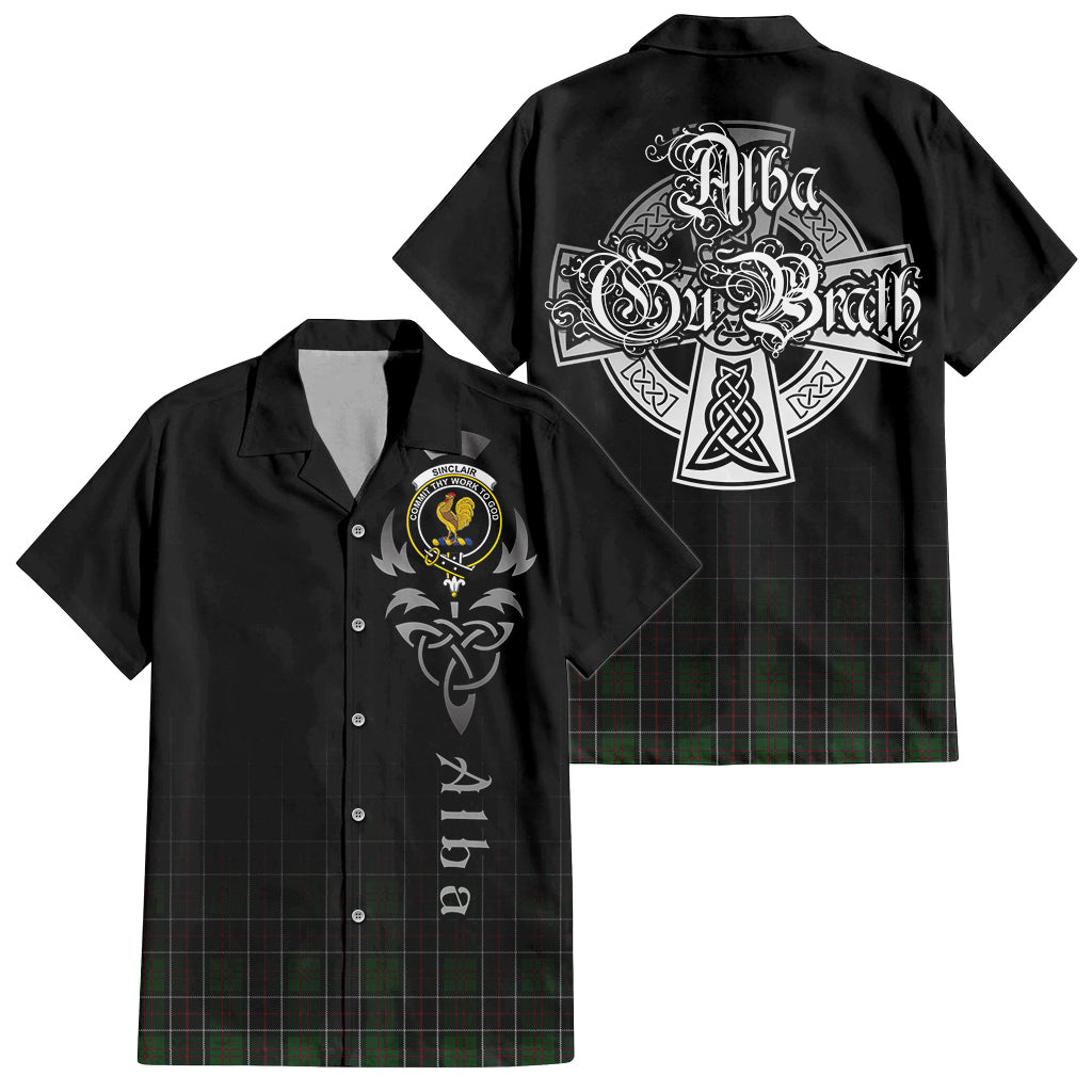 Tartan Vibes Clothing Sinclair Hunting Tartan Short Sleeve Button Up Featuring Alba Gu Brath Family Crest Celtic Inspired