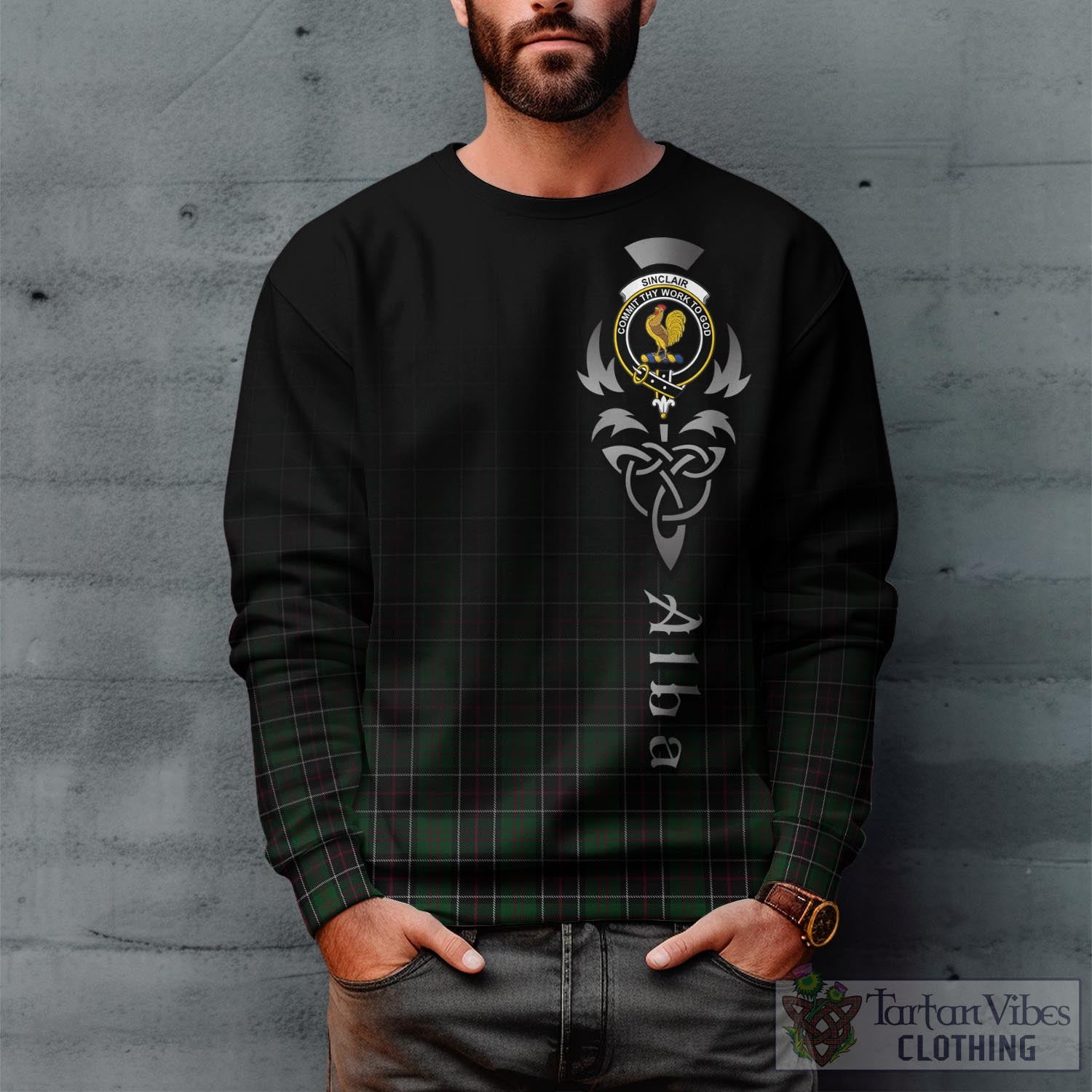 Tartan Vibes Clothing Sinclair Hunting Tartan Sweatshirt Featuring Alba Gu Brath Family Crest Celtic Inspired