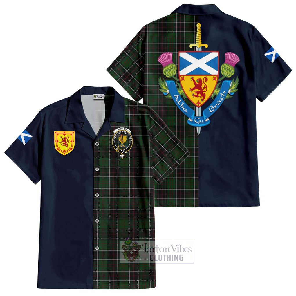 Tartan Vibes Clothing Sinclair Hunting Tartan Short Sleeve Button Shirt with Scottish Lion Royal Arm Half Style