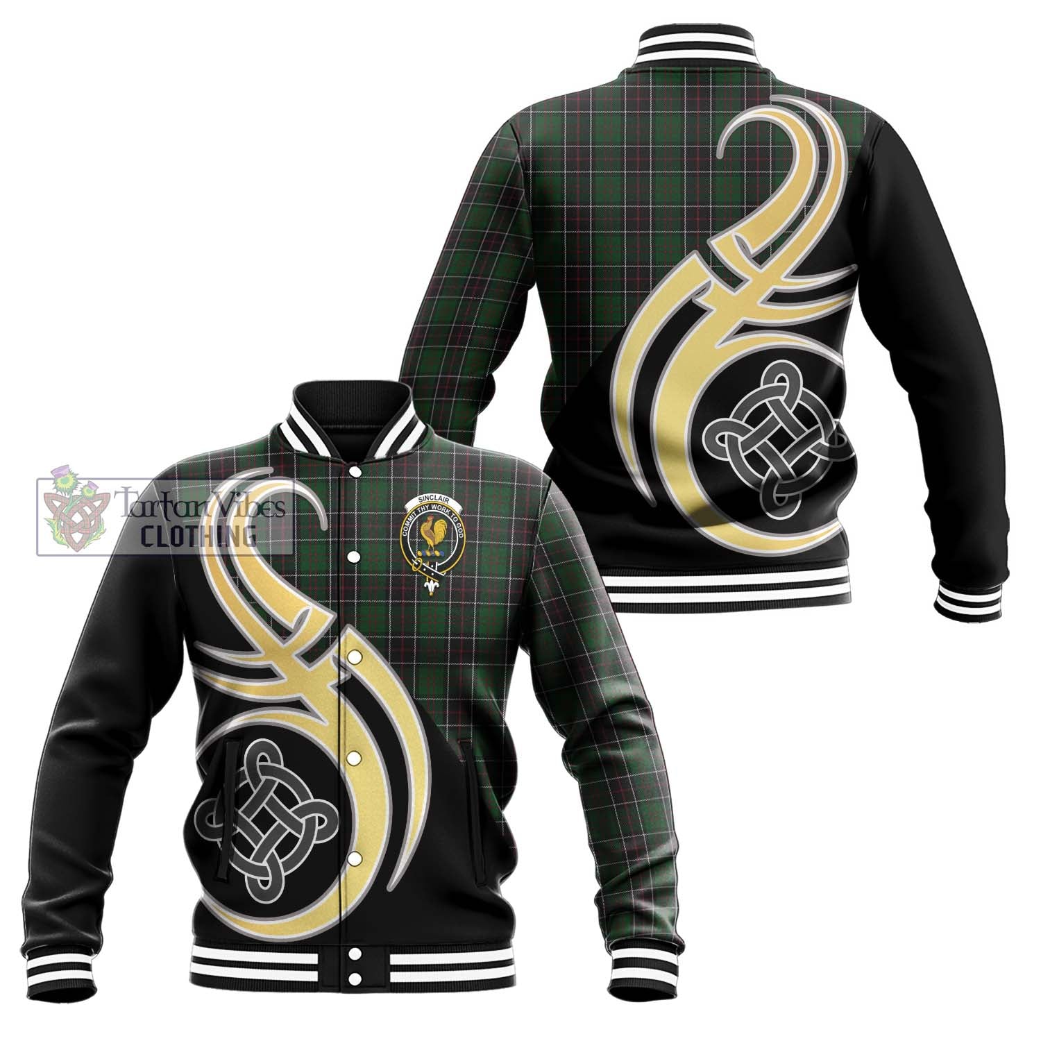 Sinclair Hunting Tartan Baseball Jacket with Family Crest and Celtic Symbol Style Unisex - Tartan Vibes Clothing