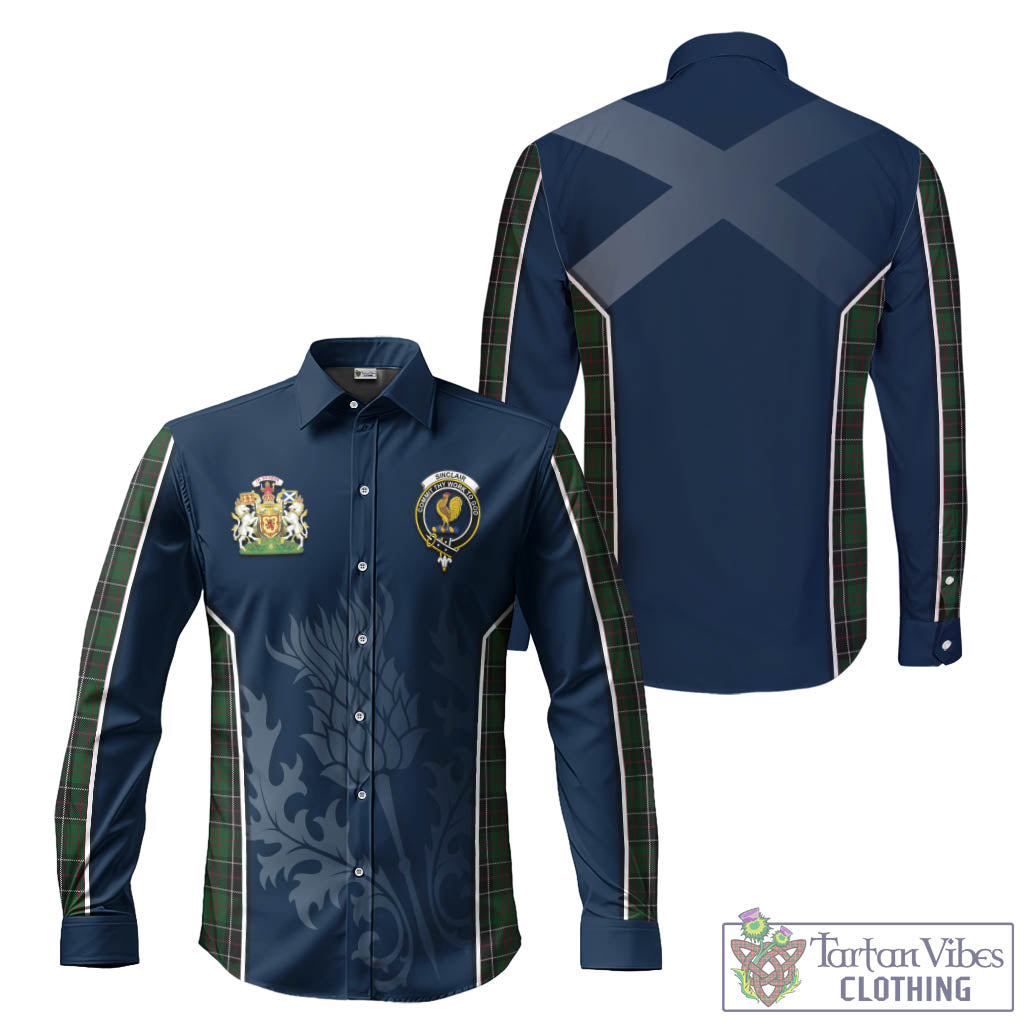 Tartan Vibes Clothing Sinclair Hunting Tartan Long Sleeve Button Up Shirt with Family Crest and Scottish Thistle Vibes Sport Style