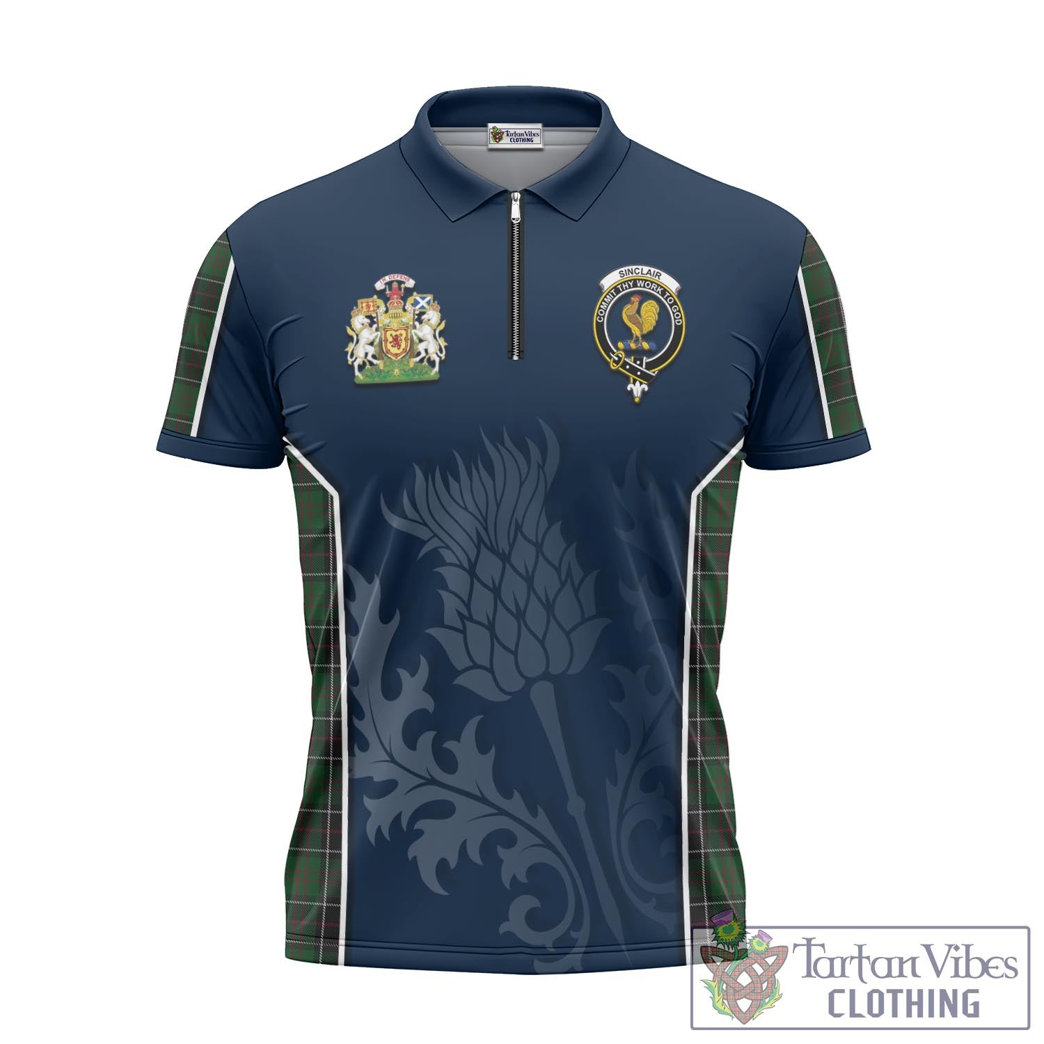 Tartan Vibes Clothing Sinclair Hunting Tartan Zipper Polo Shirt with Family Crest and Scottish Thistle Vibes Sport Style