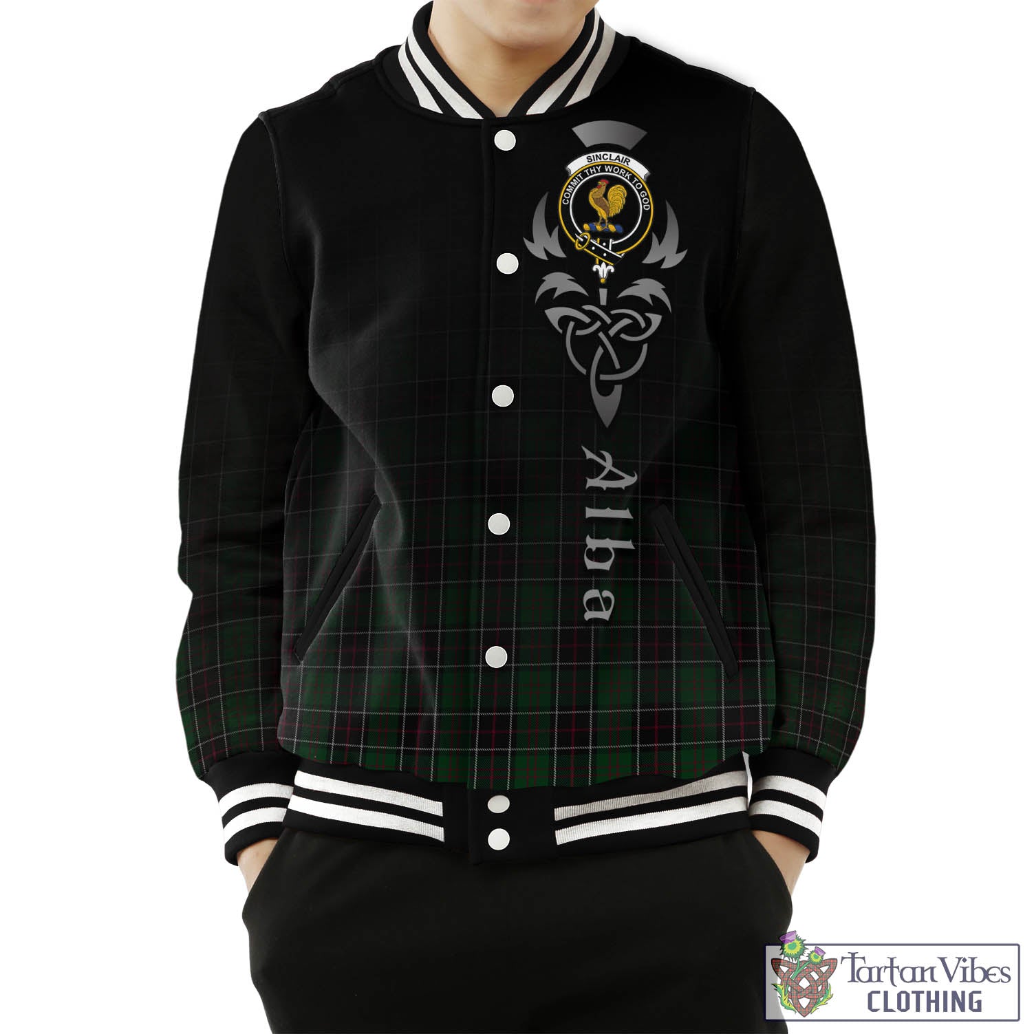 Tartan Vibes Clothing Sinclair Hunting Tartan Baseball Jacket Featuring Alba Gu Brath Family Crest Celtic Inspired